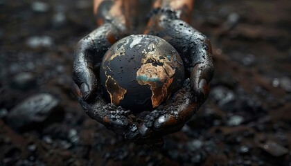 Hands made of coal and oil cradling the Earth, discussing energy consumption and fossil fuels