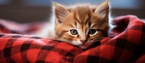 A cute and adorable kitten is seen relaxing on a checkered blanket in this copy space image