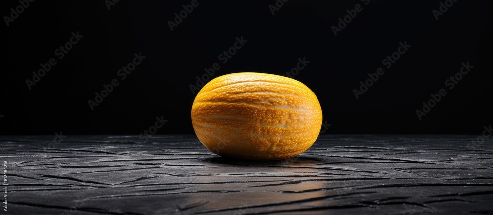 Poster A fresh and colorful yellow melon placed on a black stone surface with a top down perspective offers a captivating image with plenty of room for additional content