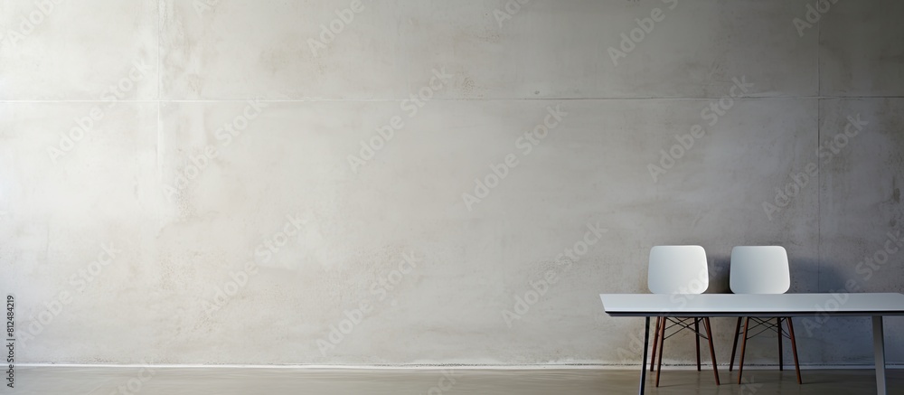Poster A white table and chair positioned in front of a concrete wall with ample empty space in the image