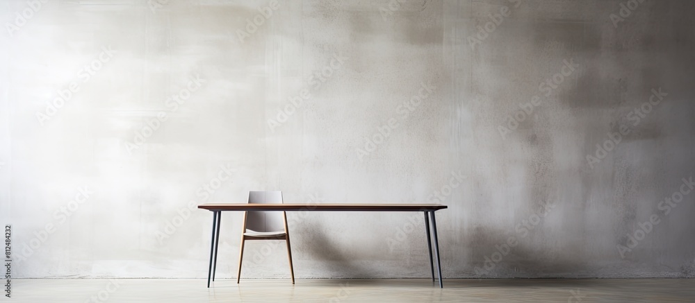 Poster A white table and chair positioned in front of a concrete wall with ample empty space in the image