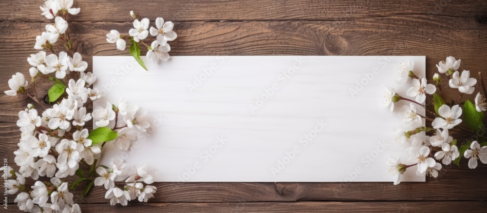 Aufkleber wooden background with a floral frame and a card providing ample copy space for images