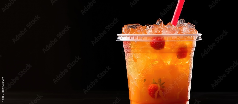 Poster a refreshing beverage of strawberry and orange juice served in a plastic cup with an attractive copy