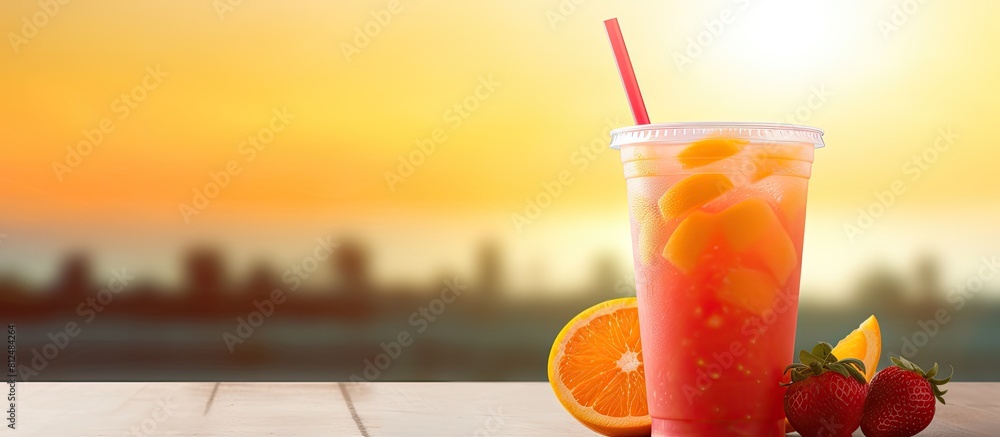 Poster a refreshing beverage of strawberry and orange juice served in a plastic cup with an attractive copy
