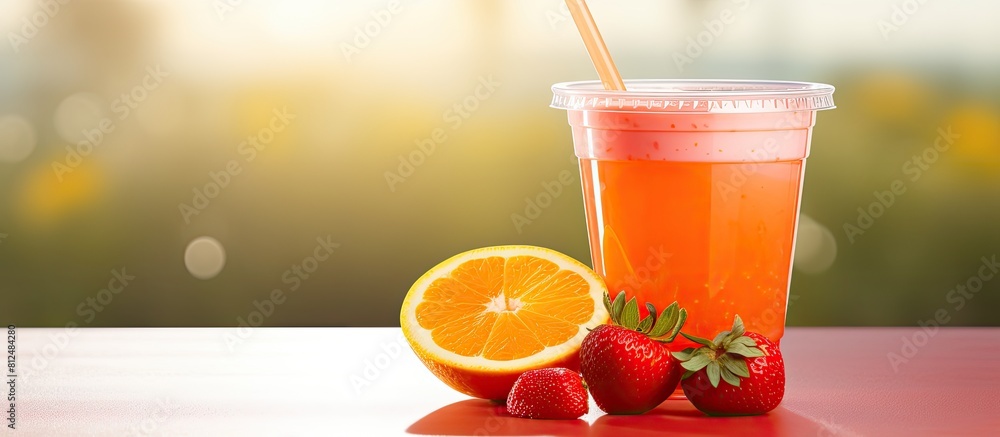 Poster a refreshing beverage of strawberry and orange juice served in a plastic cup with an attractive copy