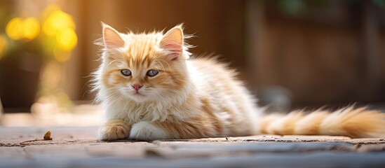 A cat with yellow and white fur peacefully rests on the ground providing a copy space image at the bottom