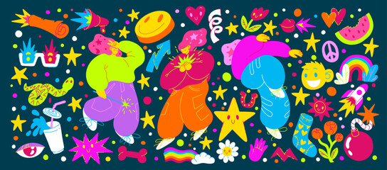 Fototapeta premium Sticker retro music. 90s party icons. Funky style doodle. Cartoon happy women. Acid face emoji. Groovy rainbow. Modern flower. Bright color. Y2K girls dance. Abstract smile. Vector rave elements set