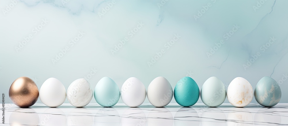 Aufkleber The Easter eggs are arranged on a white marble table and placed against a light blue background leaving room for text in the image. Creative banner. Copyspace image