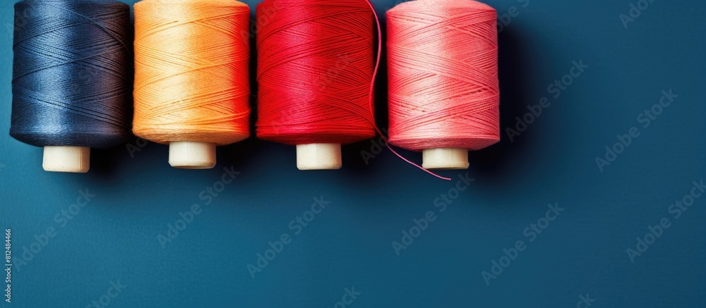 Poster There are three spools of differently colored thread specifically chosen for sewing jeans in the repair set which is displayed in a top view copy space image