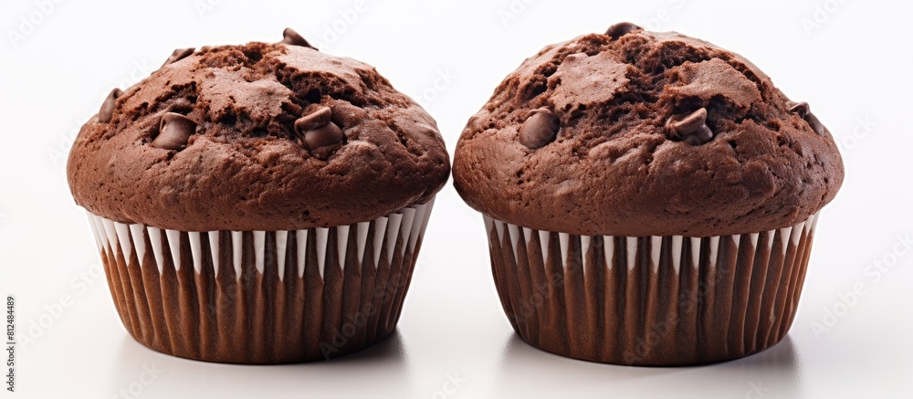 Poster There are two chocolate muffins placed on a plain white surface The image is focused closely and there is empty space available for adding text. Creative banner. Copyspace image
