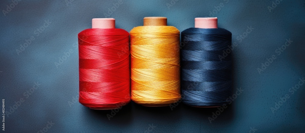 Poster There are three spools of differently colored thread specifically chosen for sewing jeans in the repair set which is displayed in a top view copy space image