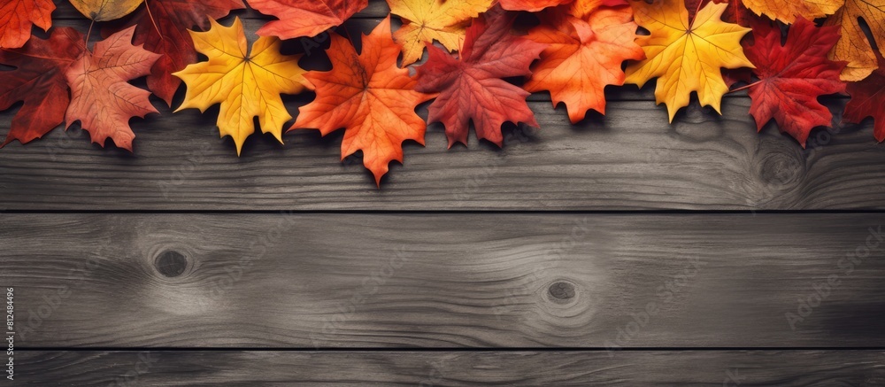 Poster Top view of autumn leaves arranged in a flat lay composition on a wooden background creating a visually appealing copy space image