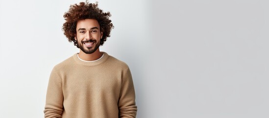 A stylish Arabian man with a charming smile is captured in a studio wearing a summer sweater and...