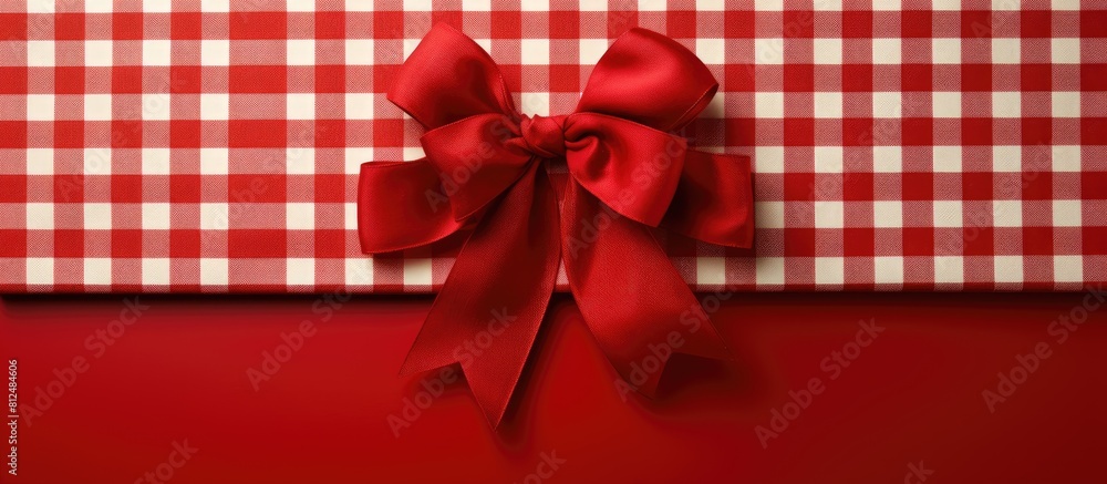 Poster A festive arrangement of bows on a red checkered tablecloth for a Christmas themed image with empty space. Creative banner. Copyspace image