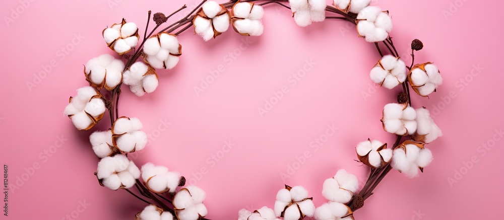 Leinwandbilder A creative arrangement of cotton flowers forms a circular shape on a pink background creating a minimal and artistic composition Copy space image
