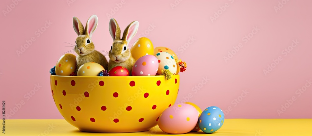 Aufkleber a festive arrangement of colorful easter eggs with dots is displayed on a yellow plate alongside bun