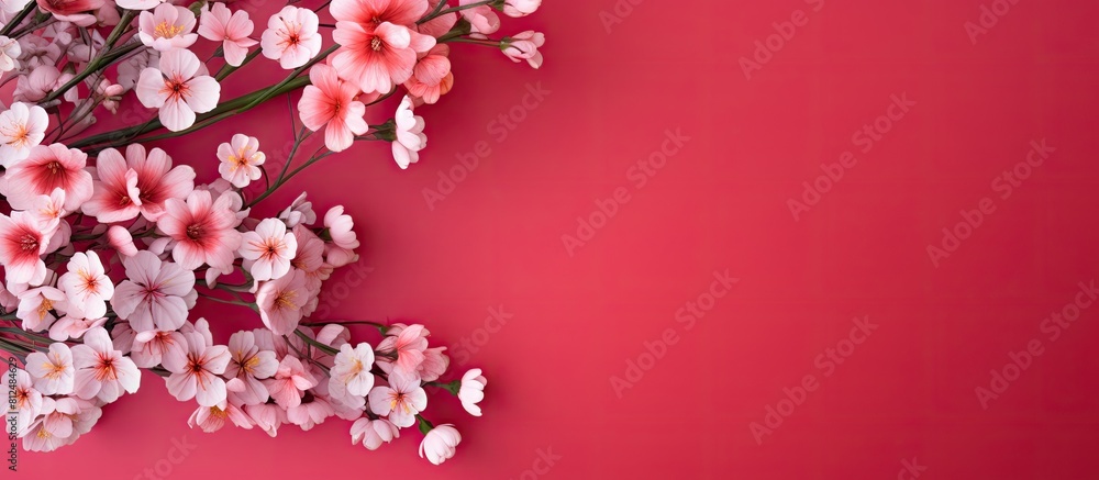 Poster A floral arrangement with red Flam boyant flowers on a pink backdrop creating a pattern The image has copy space and represents the concepts of Easter spring and summer The view is from above in a fl