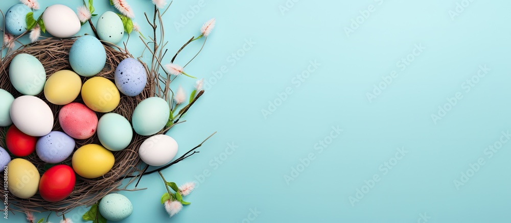 Poster creative easter arrangement with a pile of colorful eggs on a bright pastel blue background creating