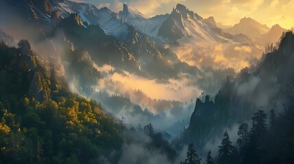 A breathtaking vista of a mountain range at sunrise, with mist swirling around the peaks and a dense forest of trees below, bathed in the soft light of dawn.