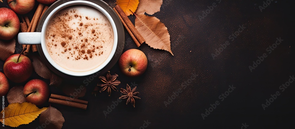 Aufkleber autumn flat lay of an organic cup of cocoa topped with cinnamon apples and nuts creating a warming a