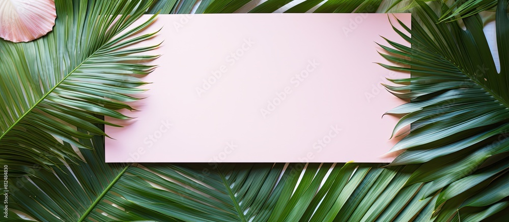 Aufkleber Flat lay with a tropical backdrop of green palm leaves and a pink greeting card offering copy space for text