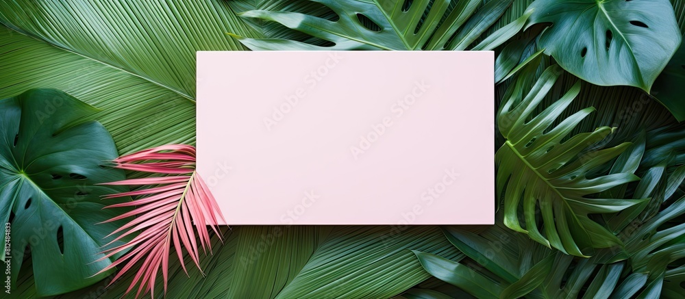 Aufkleber flat lay with a tropical backdrop of green palm leaves and a pink greeting card offering copy space 