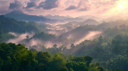 A breathtaking vista of a mountain range at sunrise, with mist swirling around the peaks and a dense forest of trees below, bathed in the soft light of dawn.