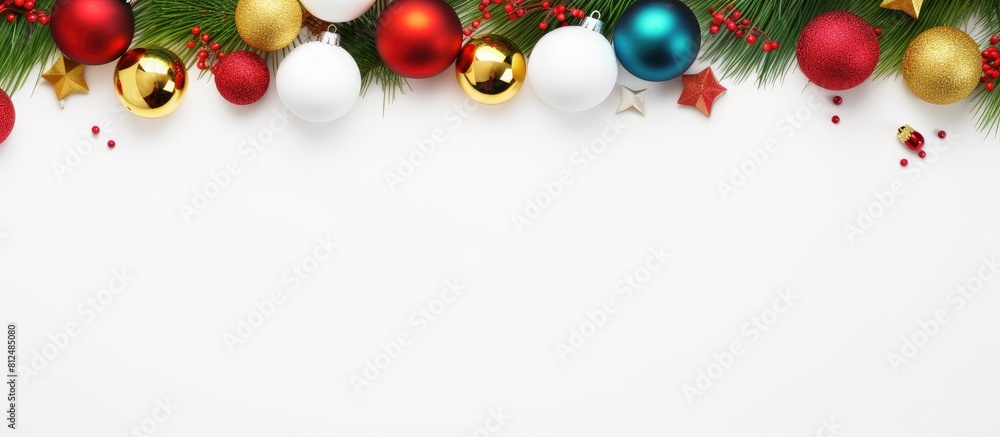 Poster colorful balls garland and fir branches adorn a white table where children have crafted diy homemade