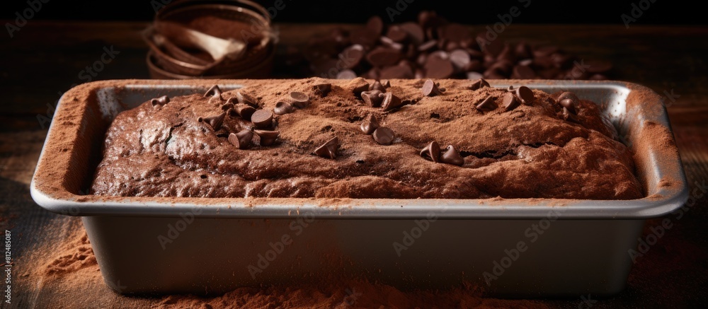 Poster baking a homemade chocolate cake or brownie with a basic raw dough in a baking pan ready to be cooke