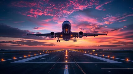 Illustrate a serene, panoramic view of a passenger plane taking off from a runway, showcasing the...