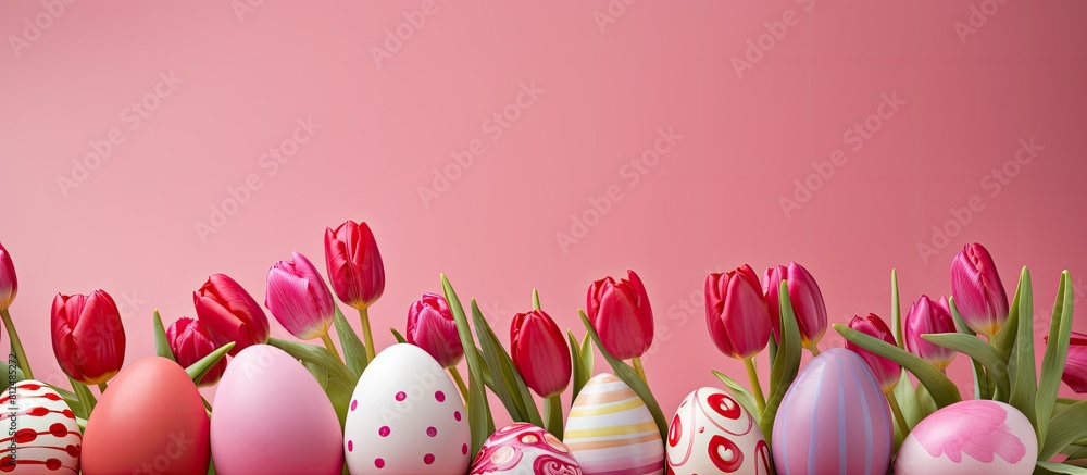 Poster a beautiful easter themed image of colorfully decorated eggs adorned with vibrant tulips set against