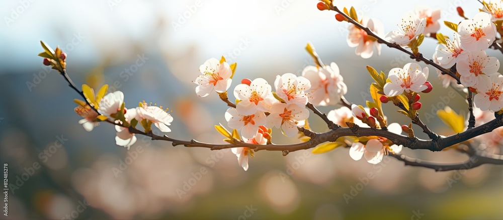 Poster a beautiful nature scene showing an apricot tree in full bloom with spring flowers on the branches t