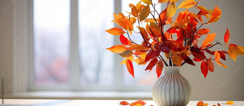 Poster a beautiful home interior with various decor elements featuring a lovely display of vibrant autumn l
