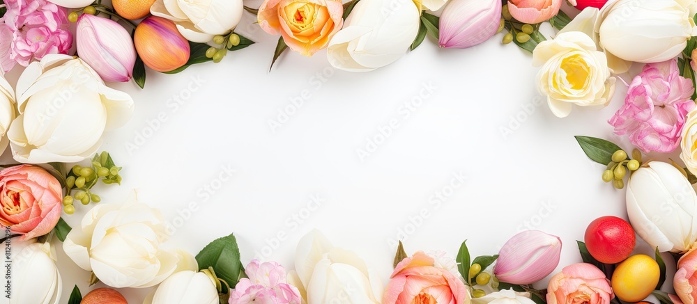 Aufkleber a beautiful easter themed frame consisting of colorful easter eggs and white roses on a white backgr