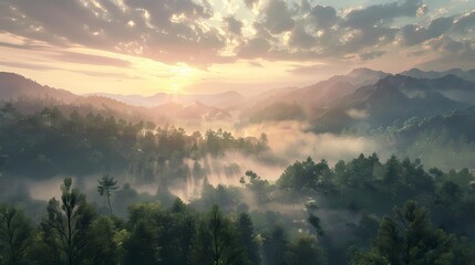 A breathtaking vista of a mountain range at sunrise, with mist swirling around the peaks and a...