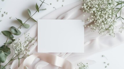 White gypsophila and eucalyptus cinerea leaf decoration with white fabric and ribbon under mockup white paper greeting card on white background
