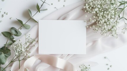 Obraz premium White gypsophila and eucalyptus cinerea leaf decoration with white fabric and ribbon under mockup white paper greeting card on white background