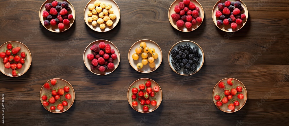 Poster Berries arranged on round plates with a brown wooden backdrop The image includes copy space and is captured from a flat top view