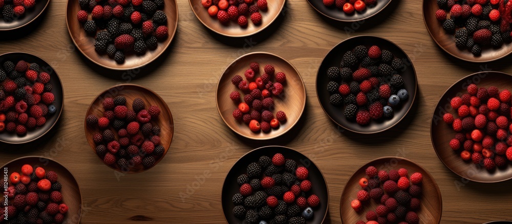 Aufkleber berries arranged on round plates with a brown wooden backdrop the image includes copy space and is c