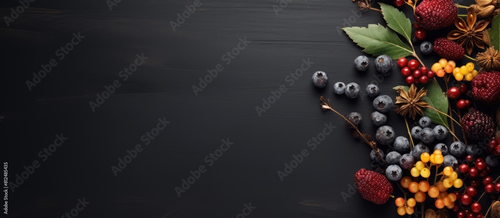 Aufkleber Top view of autumn berries and plants on a dark background creating an autumn inspired scene Copy space is available for adding text