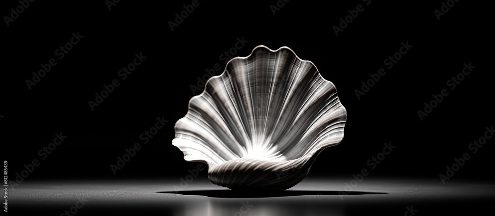 Poster a black and white seashell acting as a souvenir placed on a table in an isolated setting creating a 