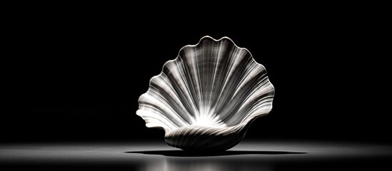 A black and white seashell acting as a souvenir placed on a table in an isolated setting creating a copy space image