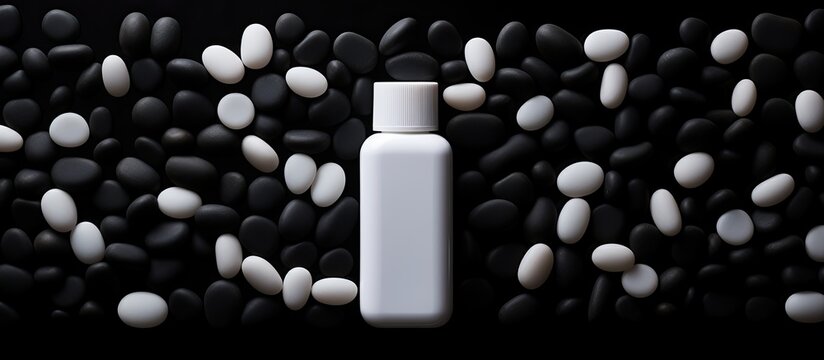 A black background features randomly placed dark rectangular stones and a label less white plastic bottle This minimal style mock up image can be used for cosmetic products such as facial moisturizer