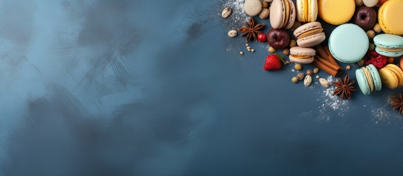 A bird s eye view of delectable macaroons accompanied by coffee beans and nuts arranged on a blue concrete backdrop that provides ample space for text or graphics