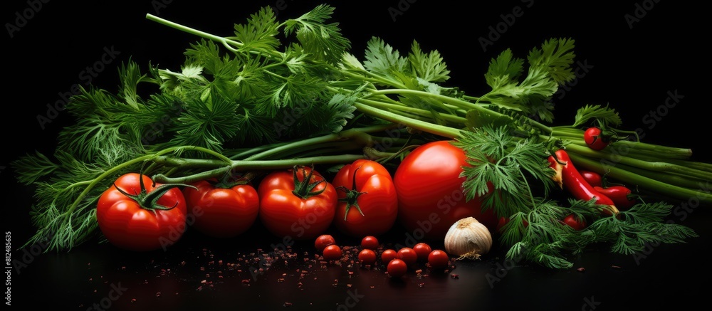 Poster A dark background blends with fresh tomato varieties and aromatic herbs like parsley and dill creating a captivating image symbolizing the concept of organic food Copy space image