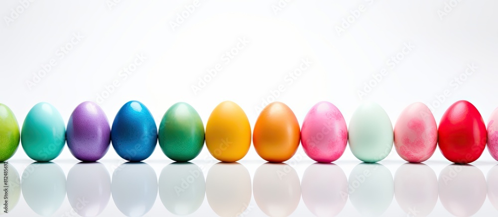 Poster blurred and colorful easter eggs are displayed on a white background with ample space for text or ot