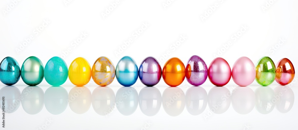 Poster blurred and colorful easter eggs are displayed on a white background with ample space for text or ot