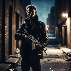 "A close-up of a man holding an AK-47, his tense face framed by a dark alley and faint street lights. The gritty, cinematic scene uses shallow depth of field