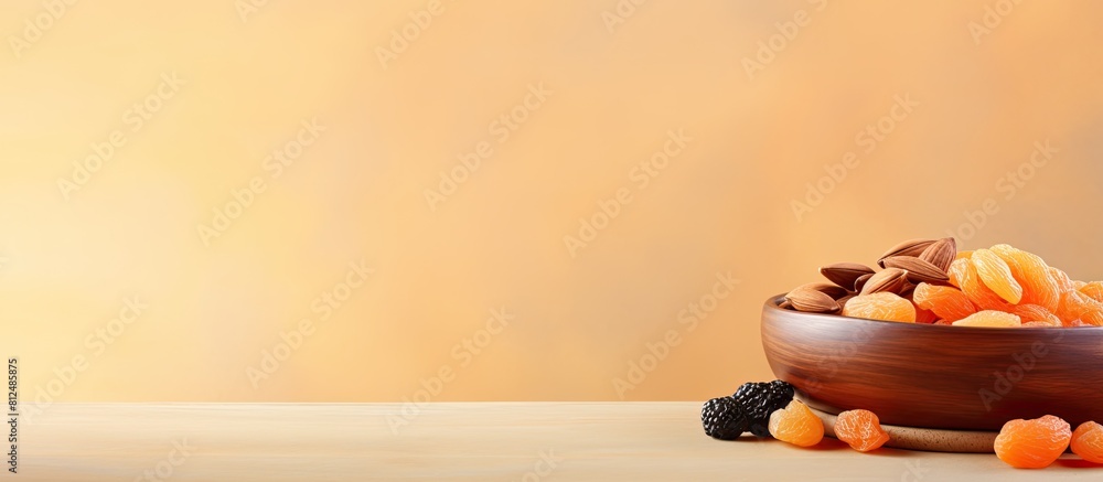 Poster a wooden bowl on a beige ceramic table filled with a mix of apricots raisins and nuts ample copy spa