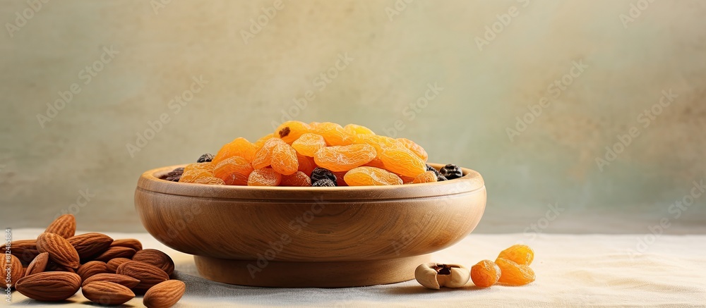 Poster a wooden bowl on a beige ceramic table filled with a mix of apricots raisins and nuts ample copy spa